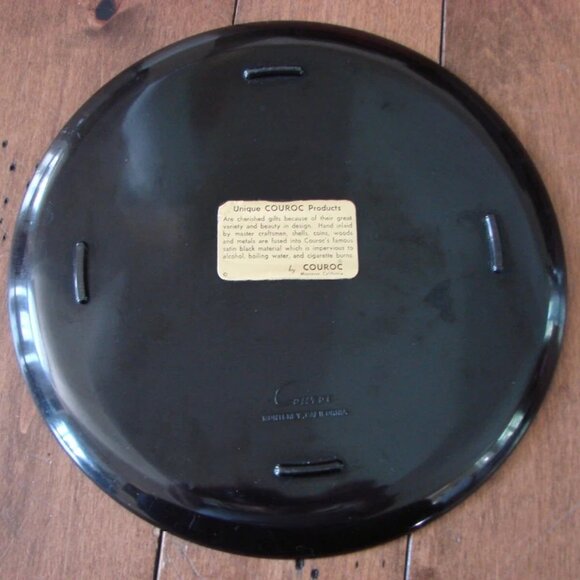 Vintage Couroc 10.5" Owl Black Round Serving Tray Plate Brass Wood Inlay MCM - Picture 6 of 8